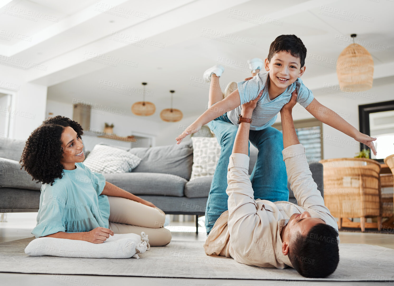 Buy stock photo Play, mother or father with a boy on floor relaxing as a happy family bonding in Australia with love or care. Portrait, airplane or parents smile with kid enjoying quality time on a fun holiday