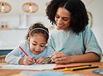 Family, mother and girl child drawing, learning and home education support, helping or color for school. Writing, happy teaching and mom or african woman with kid for creative development or language