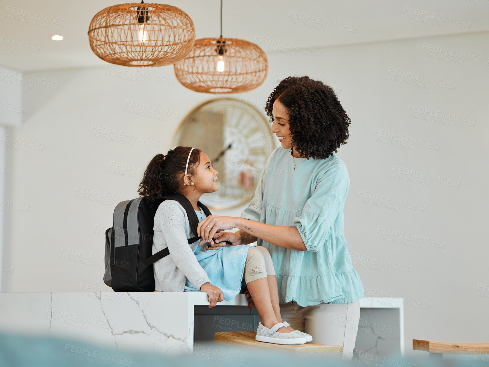 Buy stock photo Happy, care and a mother and child for school in the morning, getting ready and talking. Happy, family and a young mom and a girl kid with love, speaking and backpack in a home for education