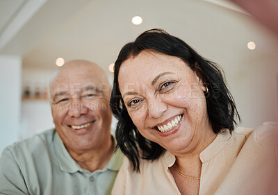 Buy stock photo Smile, happy and selfie with old couple in living room for love, support and retirement. Happiness, marriage and profile picture with portrait of senior man and woman at home for care and peace