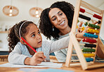 Math, child learning and mother for home education, numbers support or helping in kindergarten development. Happy mom, woman and girl kid writing abacus numbers on paper, school and family teaching 
