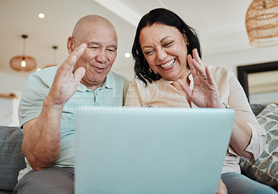 Buy stock photo Happy, wave and a couple on a laptop video call for communication, hello and talking on the sofa. Smile, house and a senior man and woman with a greeting on a virtual conversation on a computer