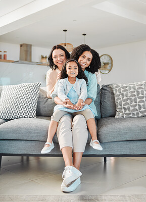 Buy stock photo Grandmother, mother and girl on sofa for portrait in living room, home or happy together for a hug or quality time in house. Smile, face of mom and elderly person relax with young child in embrace