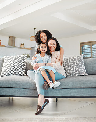 Buy stock photo Mother, grandmother and girl on sofa for portrait in living room, home or happy together for a hug or quality time in house. Smile, face of mama and elderly person relax with young child in embrace