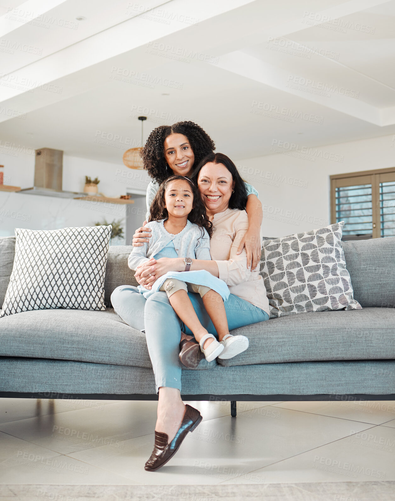 Buy stock photo Mother, grandmother and girl on sofa for portrait in living room, home or happy together for a hug or quality time in house. Smile, face of mama and elderly person relax with young child in embrace