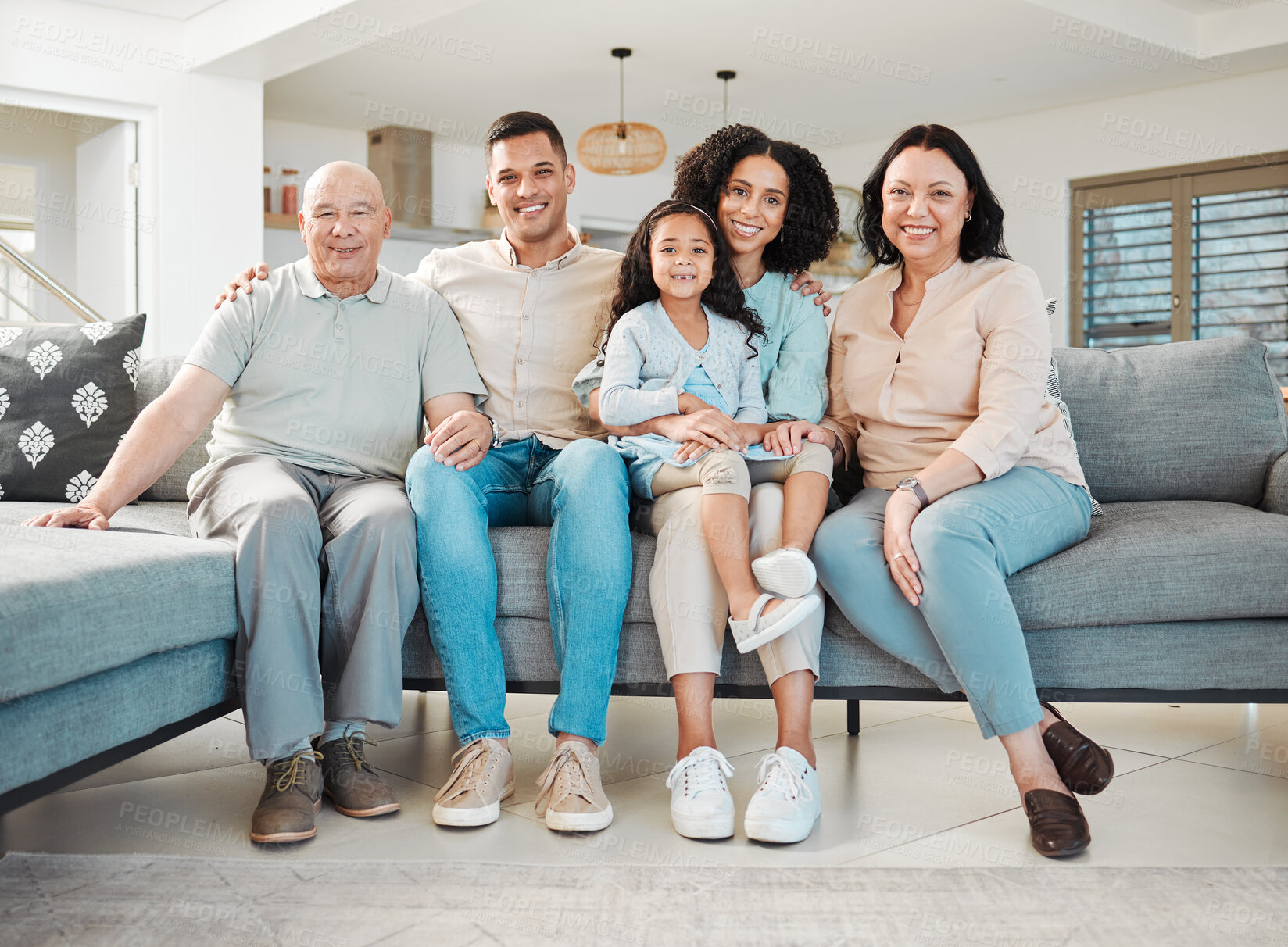 Buy stock photo Relax, portrait and generations of family on sofa together, support and love in new home or apartment. Men, women and child on couch, happy smile with grandparents, parents and kid in living room.