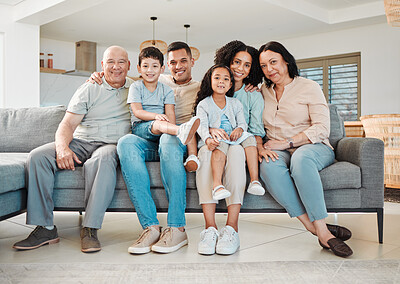 Buy stock photo Portrait of grandparents, parents and kids on sofa together, support and love in new home or apartment. Men, women and children on couch, happy smile to relax and generations of family in living room