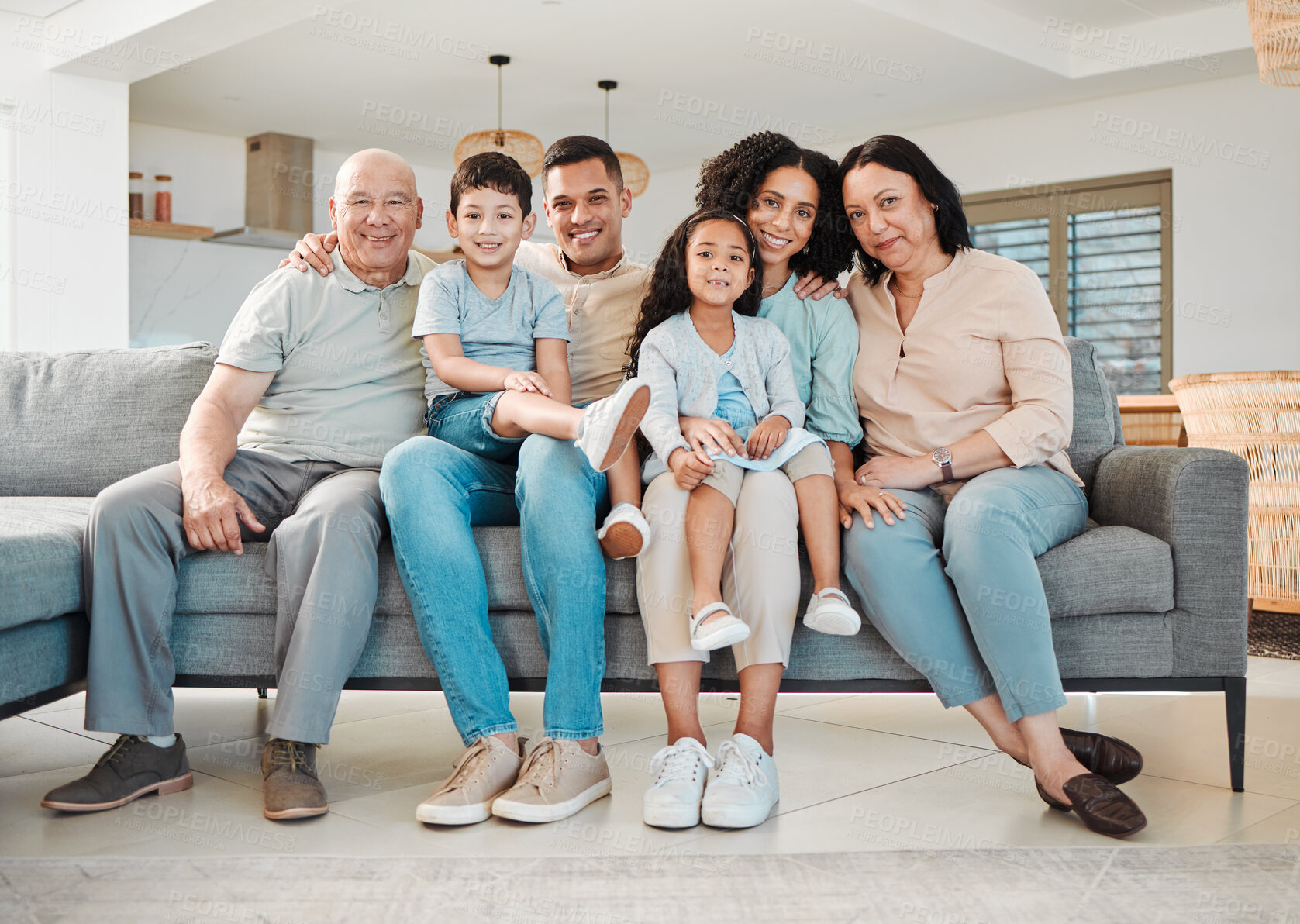 Buy stock photo Portrait of grandparents, parents and kids on sofa together, support and love in new home or apartment. Men, women and children on couch, happy smile to relax and generations of family in living room