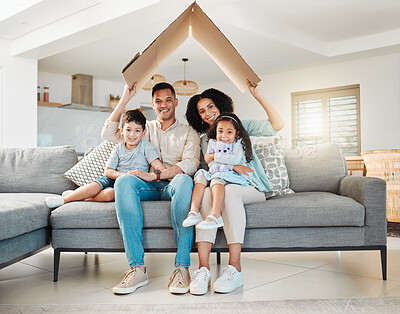 Buy stock photo Family, children and house portrait and insurance, investment on financial safety on sofa with mother and father. Parents, kids and interracial people with cardboard roof for home cover and security