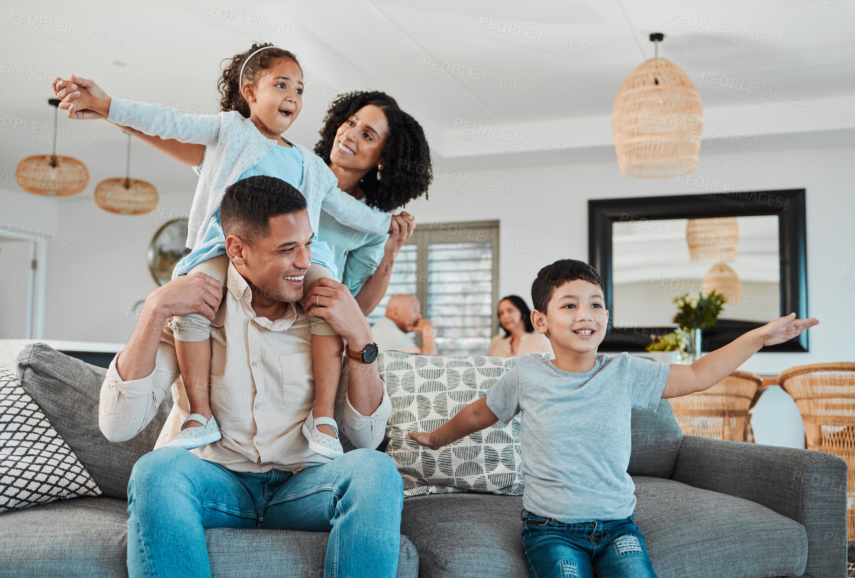 Buy stock photo Play, mother or children with father in living room to relax as a happy family bonding in Portugal with love. Home sofa, flying airplane game or parents smile with kids enjoying fun time on a holiday