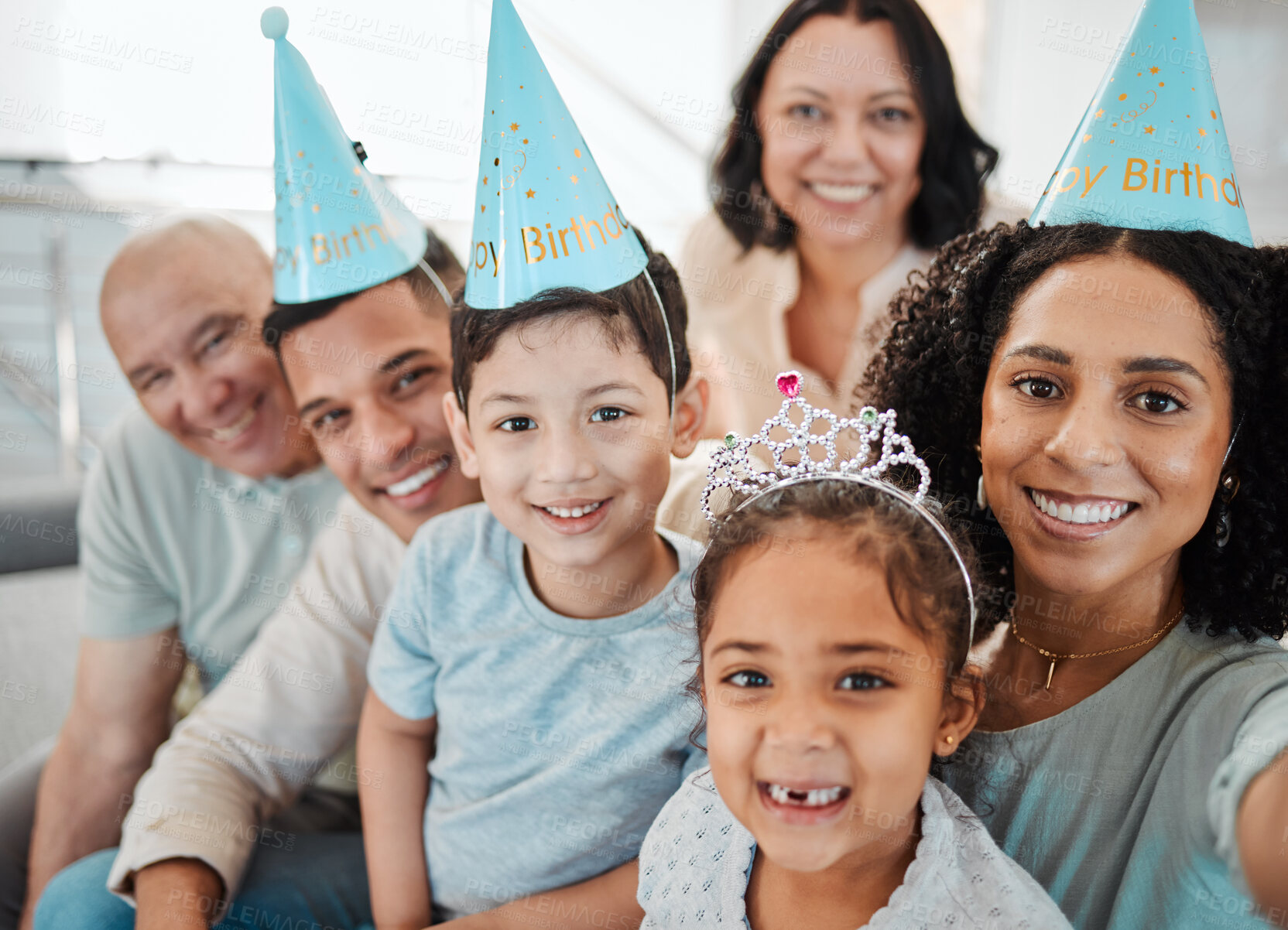 Buy stock photo Birthday selfie, portrait of big family or happy kids with grandparents taking pictures in living room in house. Faces, mother or father with smile or senior people taking photo at party at home 