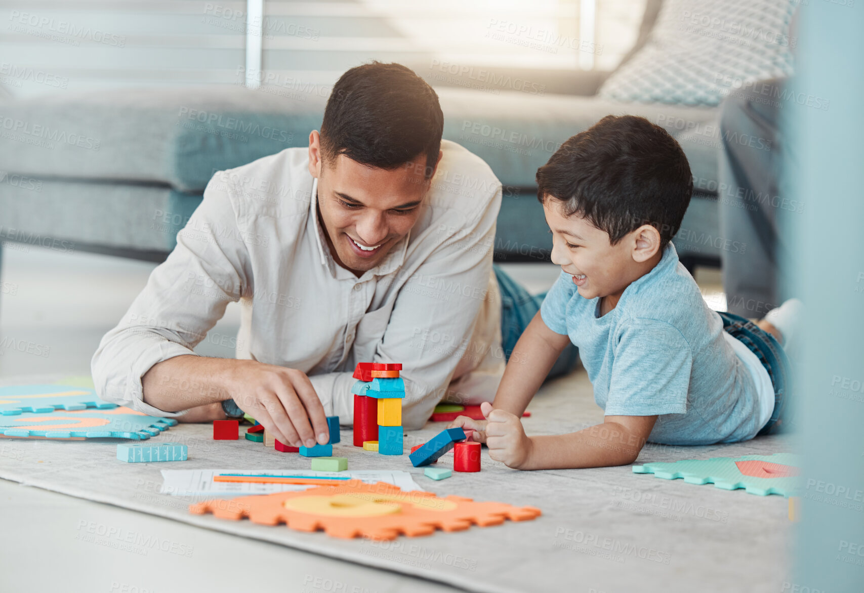 Buy stock photo Building blocks, play or father with kid on the floor for learning, education or child development. Family home, relax or happy dad enjoying bonding time in living room with boy or toys for fun games