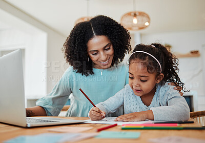 Buy stock photo Homework, education and mother with girl writing for learning, child development and studying. Family, school and happy mom with kid at table with paper for creative lesson, growth and knowledge