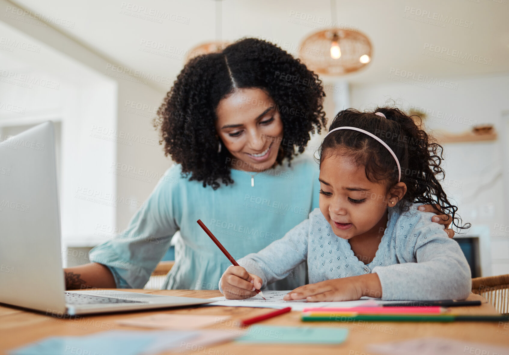 Buy stock photo Homework, education and mother with girl writing for learning, child development and studying. Family, school and happy mom with kid at table with paper for creative lesson, growth and knowledge