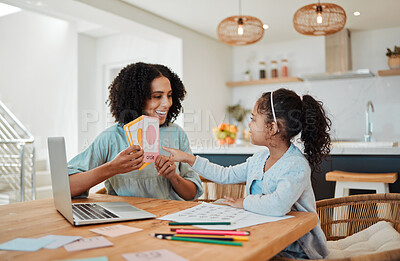 Buy stock photo Homework, education and mother with girl with card for learning, child development and studying. Family, school and happy mom with kid at table with paper for creative lesson, teaching and knowledge