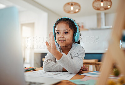 Buy stock photo Video call, laptop and child for e learning, online class and home education, translation and listening on headphones. Happy kid or girl waves hello on computer, teaching platform and virtual school