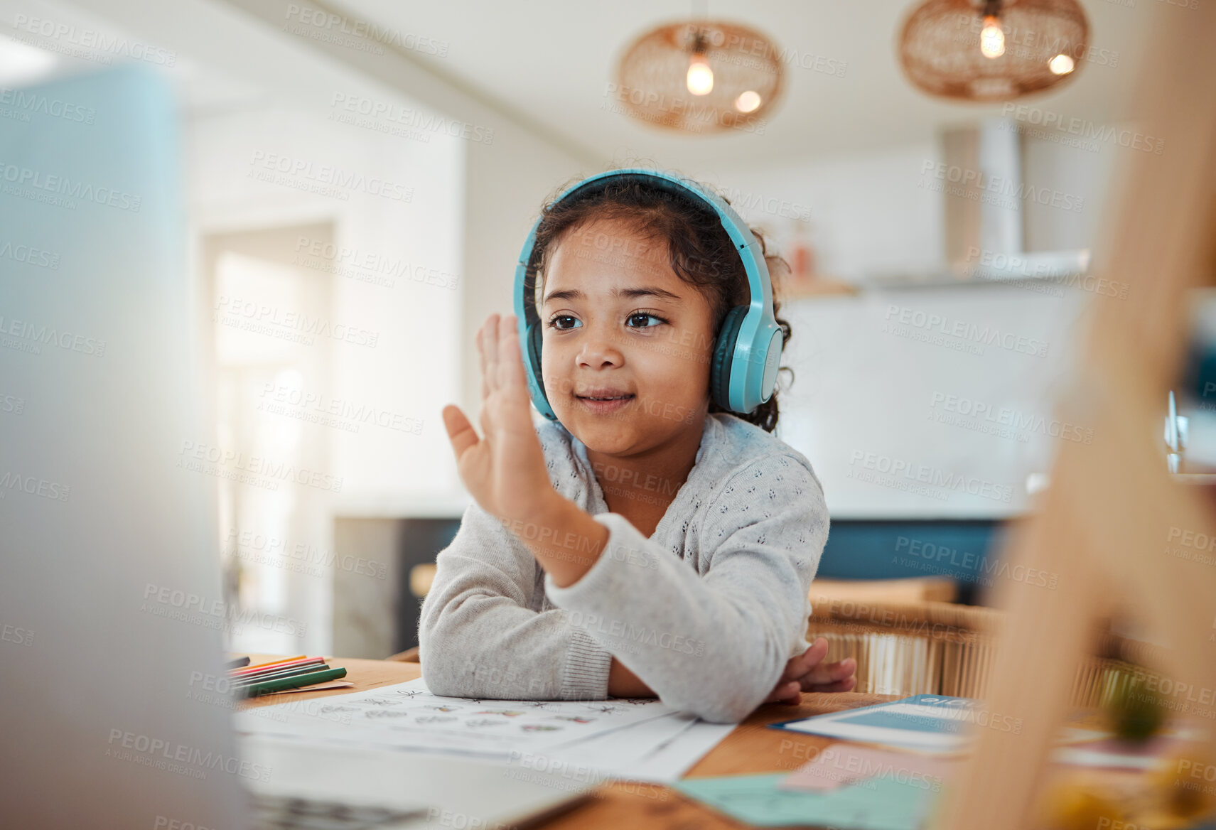 Buy stock photo Video call, laptop and child for e learning, online class and home education, translation and listening on headphones. Happy kid or girl waves hello on computer, teaching platform and virtual school