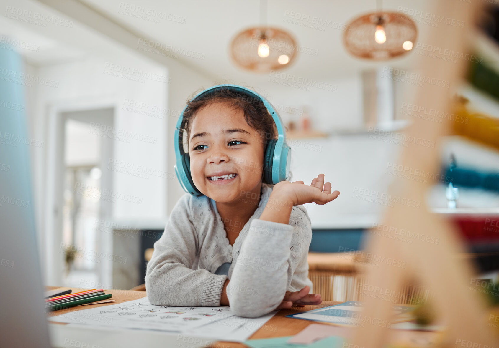 Buy stock photo Video call, computer and child e learning, online class and home education, translation and listening on headphones. Happy kid or excited girl on laptop with audio streaming service or virtual school