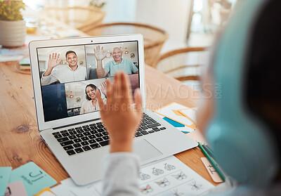 Buy stock photo Video call, laptop and child greeting her family while sitting by the dining room table in her home. Technology, waving and girl kid on a virtual call with her parents and grandfather on a computer.