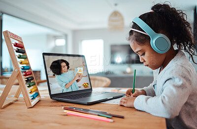 Buy stock photo Girl kid, laptop and e learning for writing with pencil, headphones or teacher in virtual classroom for assessment. Child, woman and video call for online course, education or helping in family house