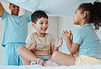Children, play and family with blanket at bed, bonding or smile together to relax. Applause, kids game and father in bedroom with sheet for patty cake, happy and enjoying quality time in house