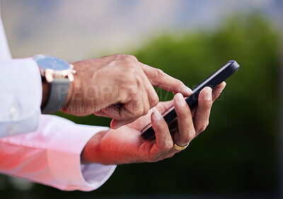 Buy stock photo Business man, hands and smartphone in city to search social network, mobile website and internet contact. Closeup of worker outdoor with cellphone, reading corporate news app and typing information