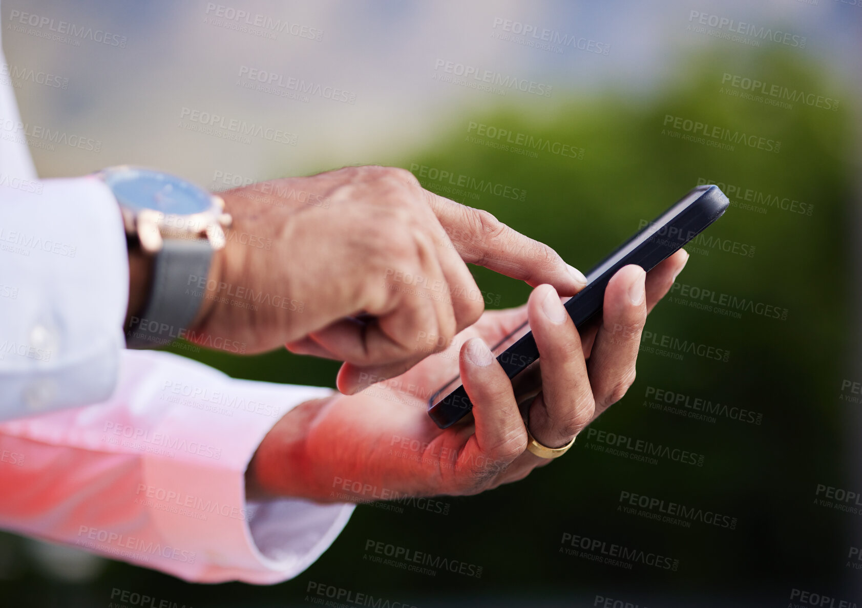 Buy stock photo Business man, hands and smartphone in city to search social network, mobile website and internet contact. Closeup of worker outdoor with cellphone, reading corporate news app and typing information