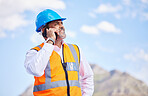 Architecture, construction and phone call in the city for building, planning and communication of worker with engineer. Cellphone, conversation and senior man and architect in project management