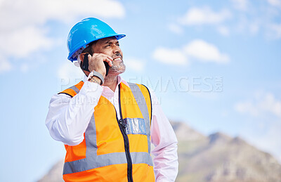 Buy stock photo Architecture, construction and phone call in the city for building, planning and communication of worker with engineer. Cellphone, conversation and senior man and architect in project management