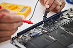 Motherboard, hands and circuit board with microchip, engineering and repair closeup. IT, hardware and electrical employee working on maintenance, problem solving and cpu check of battery with tools