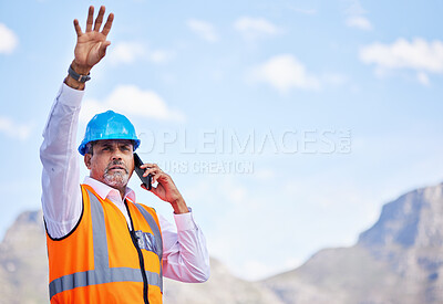 Buy stock photo Outdoor, phone call and construction worker talking about building, project management and development in the city. Engineer, architect or senior man on smartphone for industrial work inspection