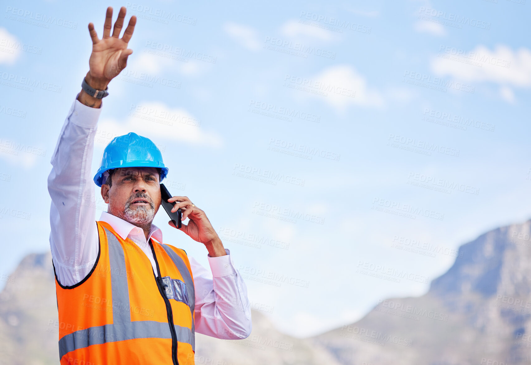 Buy stock photo Outdoor, phone call and construction worker talking about building, project management and development in the city. Engineer, architect or senior man on smartphone for industrial work inspection