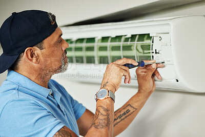 Buy stock photo Electrician, maintenance and air conditioning with man and screwdriver for ac repair, ventilation and power. Engineering, electricity and inspection with technician and tools for fan and contractor