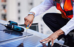 Solar panels, man hands and tools for engineering maintenance, sustainability development and rooftop, Grid, screwdriver and industrial worker or electrician for eco photovoltaic installation in city