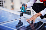 Solar panels, person hands and tools for engineering maintenance, electrical repair and rooftop contractor, Grid, drill and industrial worker or electrician for eco photovoltaic installation in city