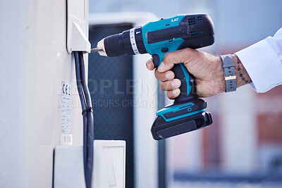 Buy stock photo Drill, air conditioning and hands of electrician outdoor for renovation of building maintenance. Closeup, construction tools and inspection of electricity, mechanic system and power for engineering