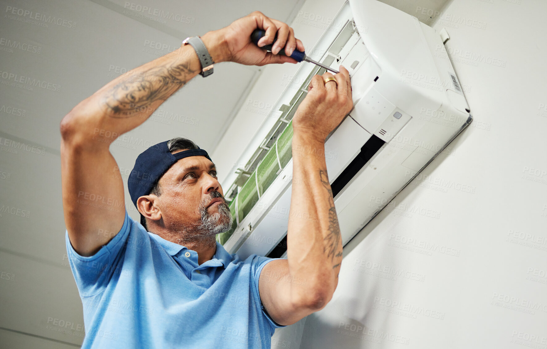 Buy stock photo Maintenance, ac repair and air conditioner with man and screwdriver for electrician, ventilation and power. Engineering, electricity and inspection with technician and tools for fan and contractor