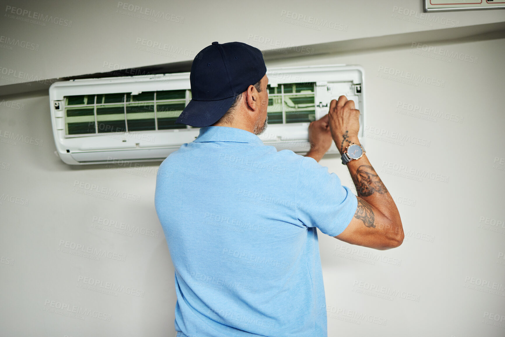 Buy stock photo Machine, ac repair and air conditioner with man and screwdriver for maintenance, ventilation or power. Engineering, electricity and inspection with technician and tools for electrician and contractor