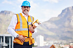 Man, engineering portrait and city with blueprint construction, project management and outdoor design. Happy face of architecture person, contractor or industrial manager in helmet and floor plan