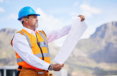 Buy stock photo Engineering man, floor plan and outdoor construction, planning and project management in city. Analysis, property blueprint and contractor, manager or person with design paper, ideas and architecture