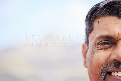 Buy stock photo Smile, half portrait and a man in nature with mockup for marketing or maintenance advertising. Happy, face and a mature contractor, worker or builder with bokeh space for construction information