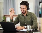Man, remote work and virtual assistant with headphones at laptop for video call, voip communication and telemarketing. Consultant wave at computer with microphone for customer support at home office
