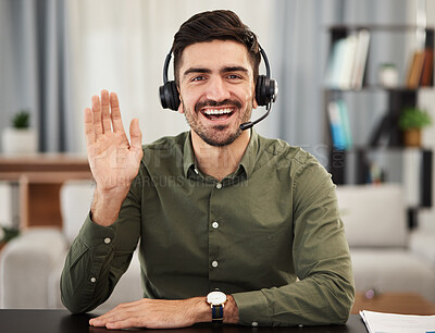 Buy stock photo Man, portrait and wave for virtual meeting, video call or voip communication of advisory telemarketing. Face, home office and happy agent consulting with microphone, telecom tech and hello in webinar