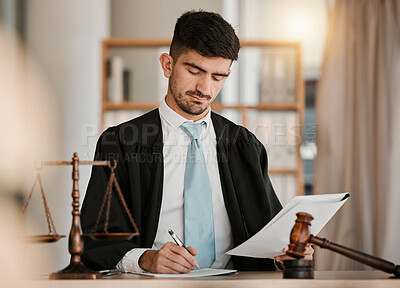 Buy stock photo Attorney man, scales and hammer with writing, documents and notes for reading, thinking and crime analysis. Advocate, lawyer or judge with legal research, paperwork and analytics for court evidence