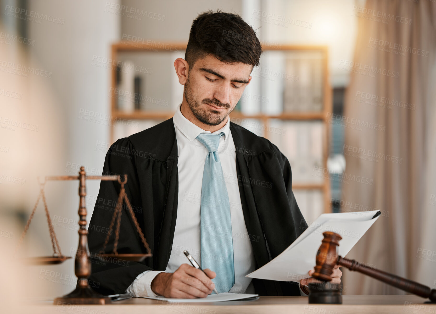 Buy stock photo Attorney man, scales and hammer with writing, documents and notes for reading, thinking and crime analysis. Advocate, lawyer or judge with legal research, paperwork and analytics for court evidence