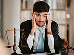 Judge man, stress headache and office for thinking, solution or problem solving with worry for case. Advocate, lawyer or attorney with legal hammer, paperwork or idea with fatigue for court evidence