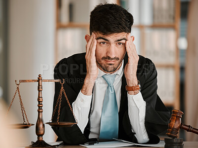 Buy stock photo Judge man, stress headache and office for thinking, solution or problem solving with worry for case. Advocate, lawyer or attorney with legal hammer, paperwork or idea with fatigue for court evidence