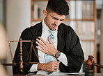 Lawyer man, chest pain and office with stress, tired or burnout for cardiovascular problem at desk. Judge, attorney or advocate with heart attack, emergency or injury for lungs, breathing or accident