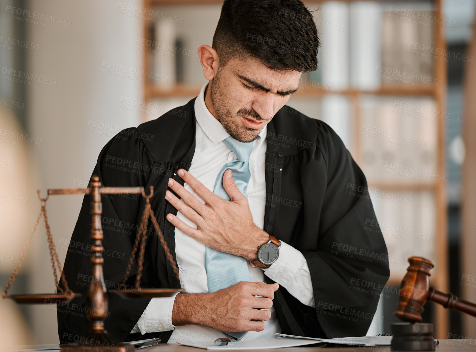 Buy stock photo Lawyer man, chest pain and office with stress, tired or burnout for cardiovascular problem at desk. Judge, attorney or advocate with heart attack, emergency or injury for lungs, breathing or accident