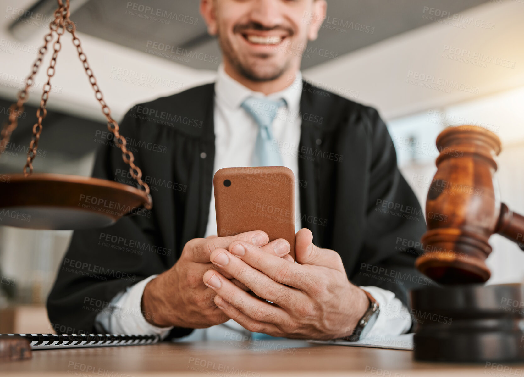 Buy stock photo Judge hands, phone and happy man reading attorney communication, networking or contact legal consultant. Lawyer, cellphone and male advocate smile for government justice, contract or policy update